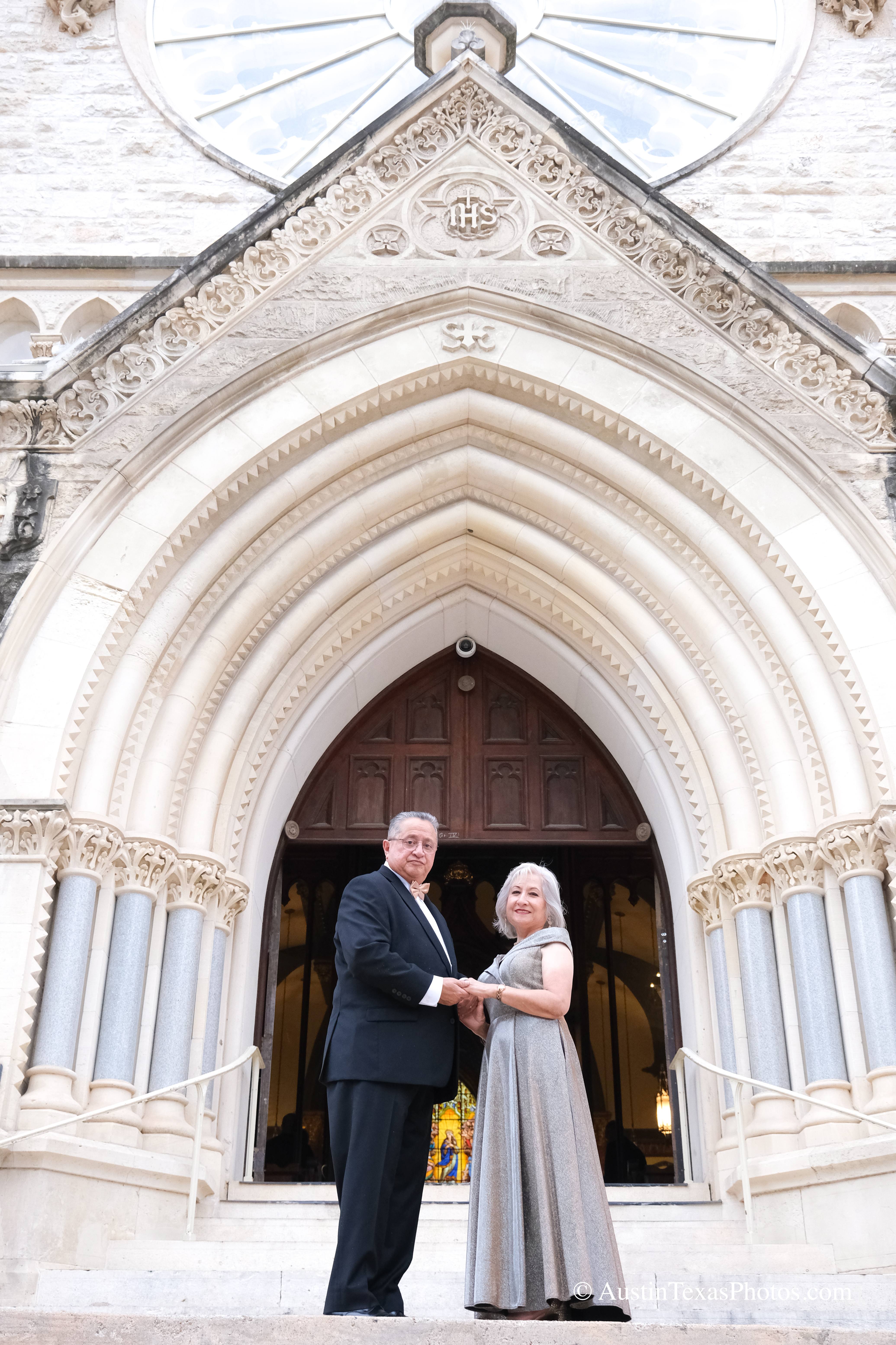 Couple portrait on the steps of Saint Mary Catholic Cathedral during downtown Austin wedding portraits
