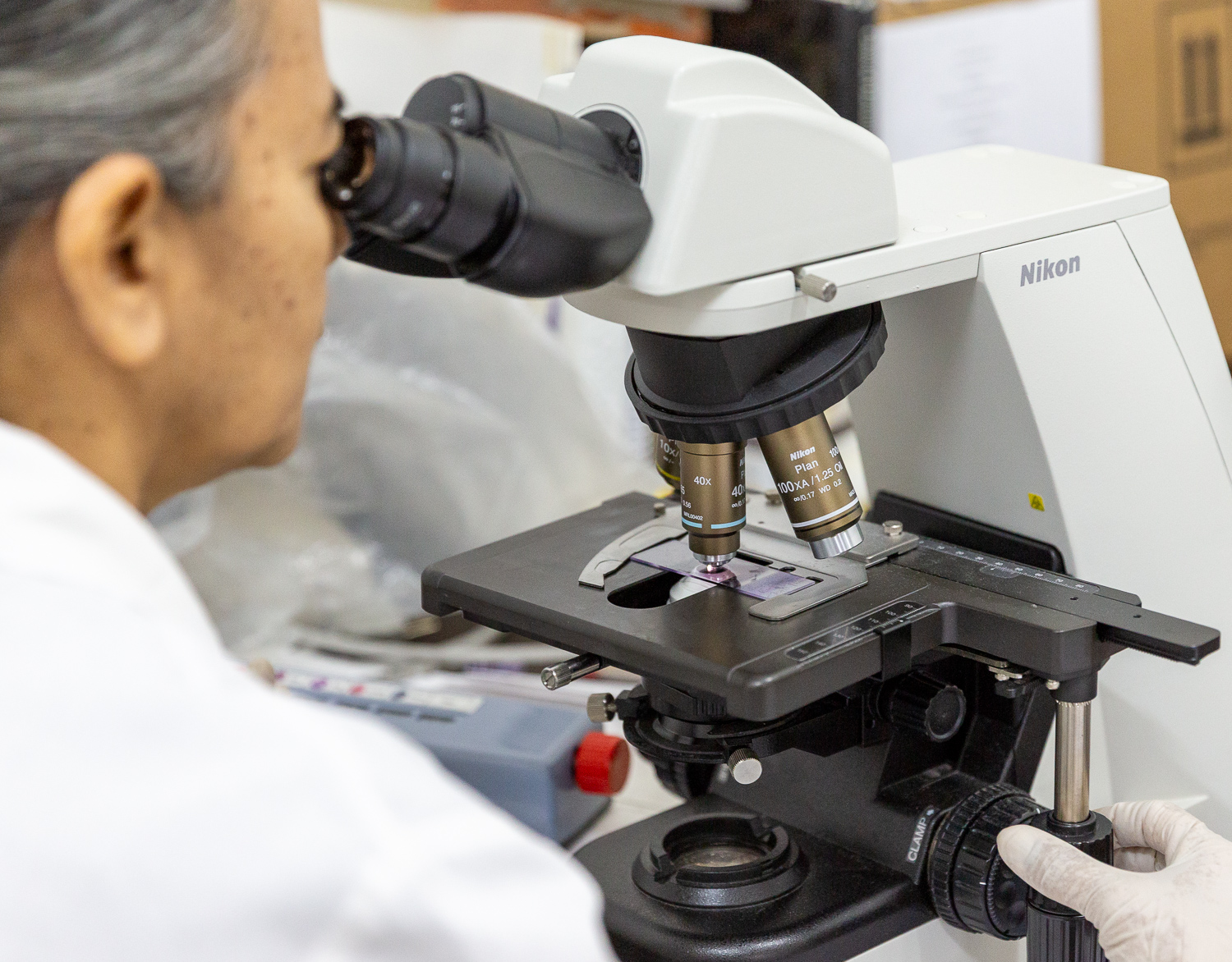Lab scientist at microscope