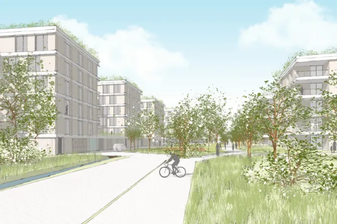 Blick vom zentralen Platz in Richtung Aufenthalt/ Bewegung/ Biodiversität