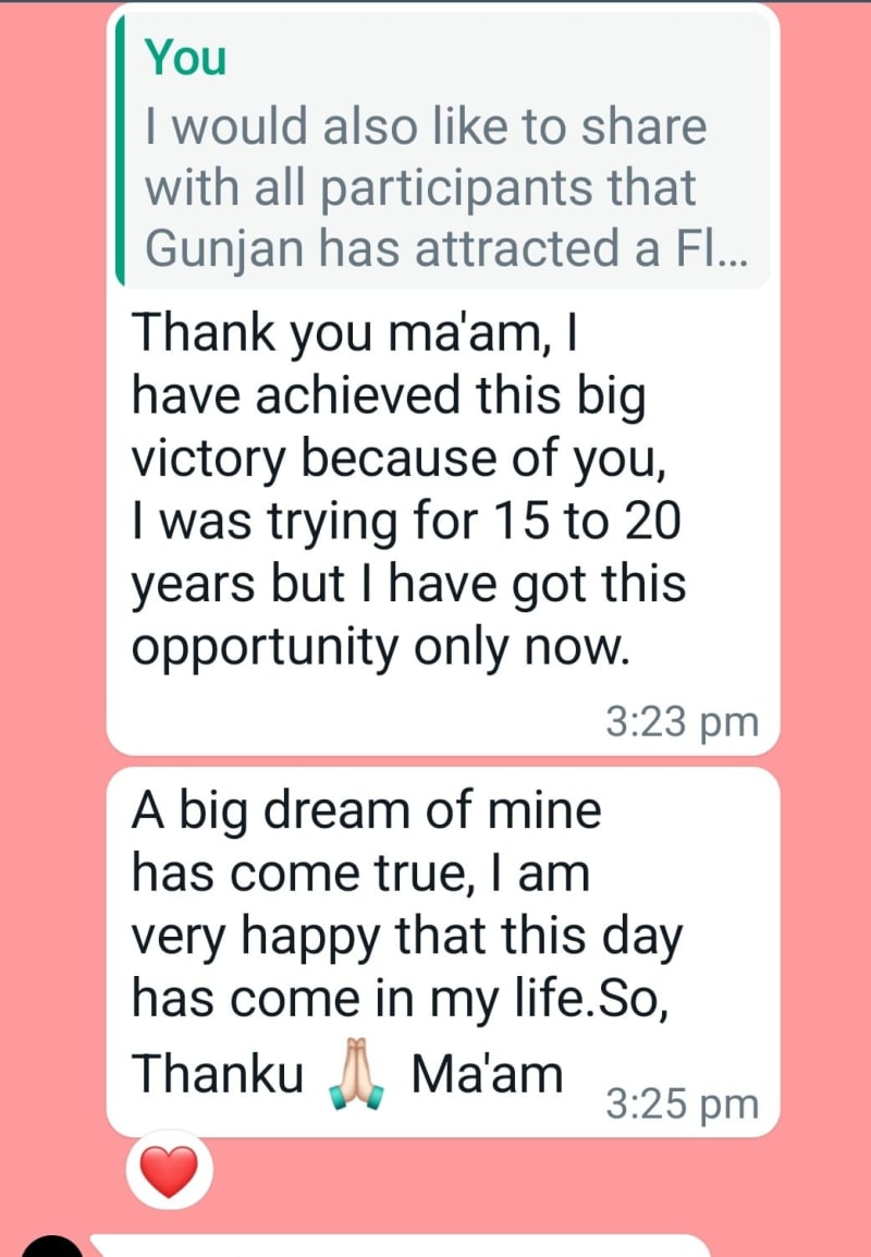 WhatsApp testimonial from a client of Suman Manjrekar's MMH wealth coaching, message 7