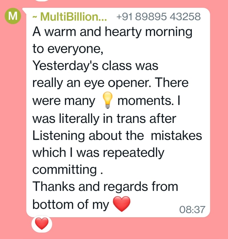 WhatsApp testimonial from a client of Suman Manjrekar's MMH wealth coaching, message 8