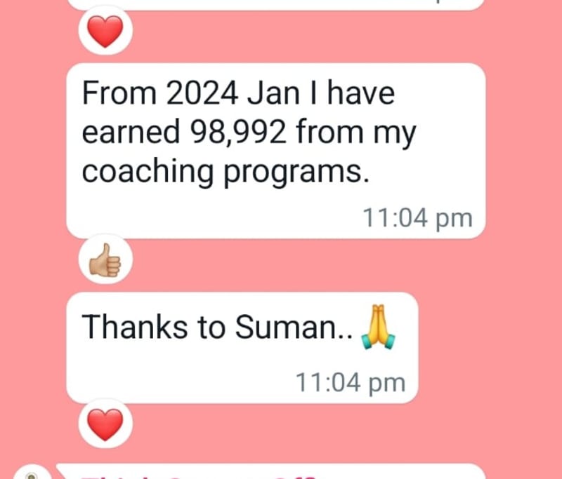 WhatsApp testimonial from a client of Suman Manjrekar's MMH wealth coaching, message 6