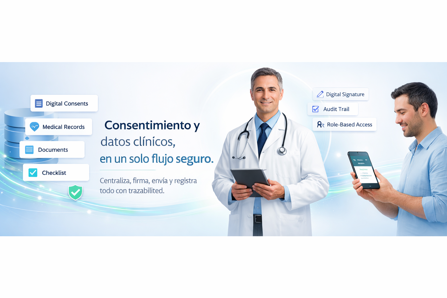 Médico usando ConsentPro — consentimiento y datos clínicos en un solo flujo seguro