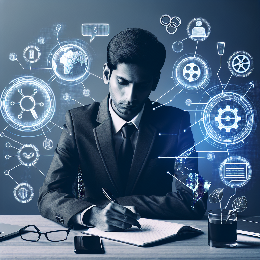 Generate an image of a business professional sitting at a desk, surrounded by various digital content icons (blogs, videos, social media posts) floating around them, representing content marketing strategies. The background should have elements of search engine graphics, symbolizing SEO optimization.