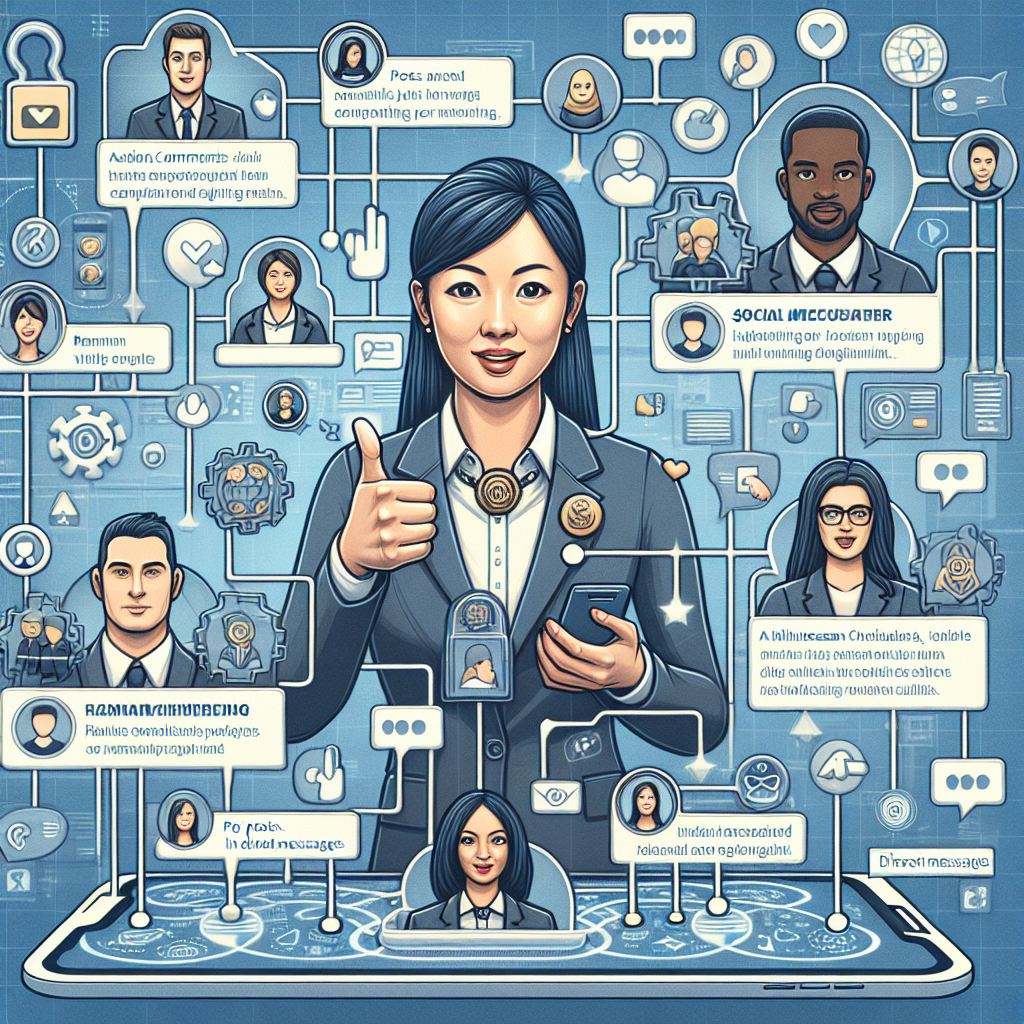 Generate an image depicting a vibrant social media landscape where a recruiter interacts with potential candidates through posts, comments, and direct messages. Highlight elements of trust and authority by incorporating visual symbols like a badge or a handshake.