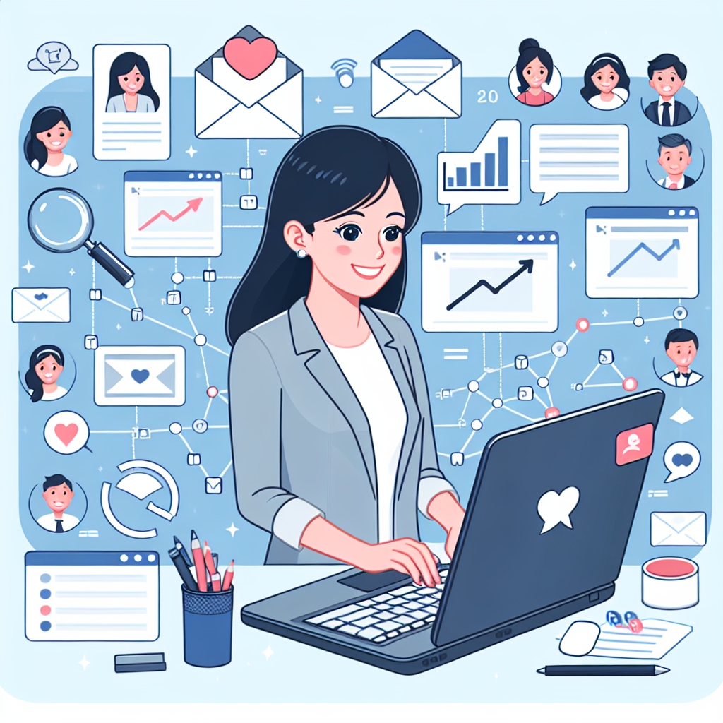 Generate an image of an email marketing campaign in action. Show a marketer sending out emails from a laptop, with visuals of email templates, analytics, and recipient engagement. Include elements that indicate relationship-building, such as heart icons or connected dots symbolizing a network.