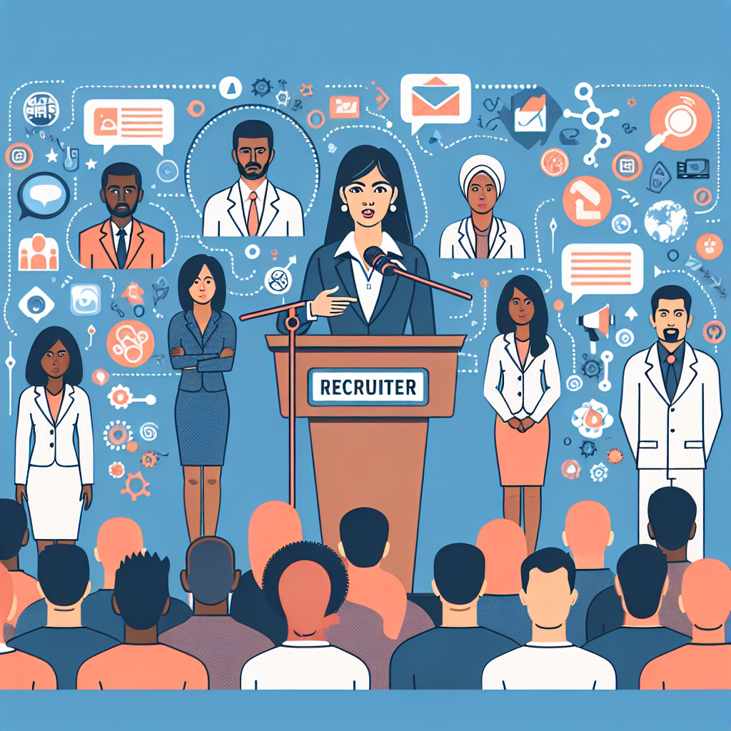 Generate an image of a recruiter standing on a podium, addressing an audience made up of diverse target personas. The background should include visual cues of digital marketing channels like social media, search bars, and email icons, showing how content marketing efforts reach out to different audience segments.