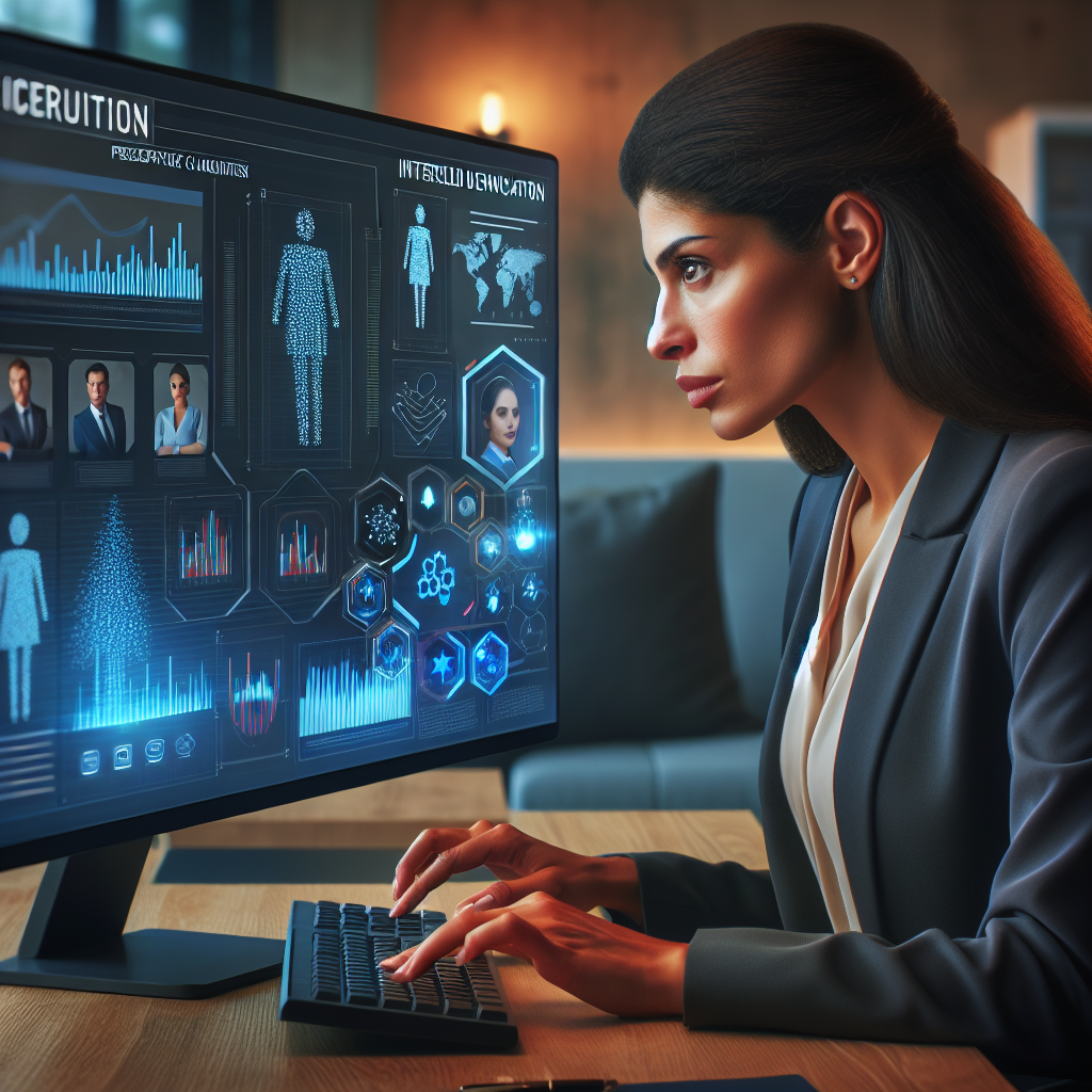 Generate an image of a professional recruiter identifying target prospects on a computer screen with various data analytics and graphs in the background, symbolizing goal-oriented prospect identification. The scene should be set in a modern office with a focused atmosphere.