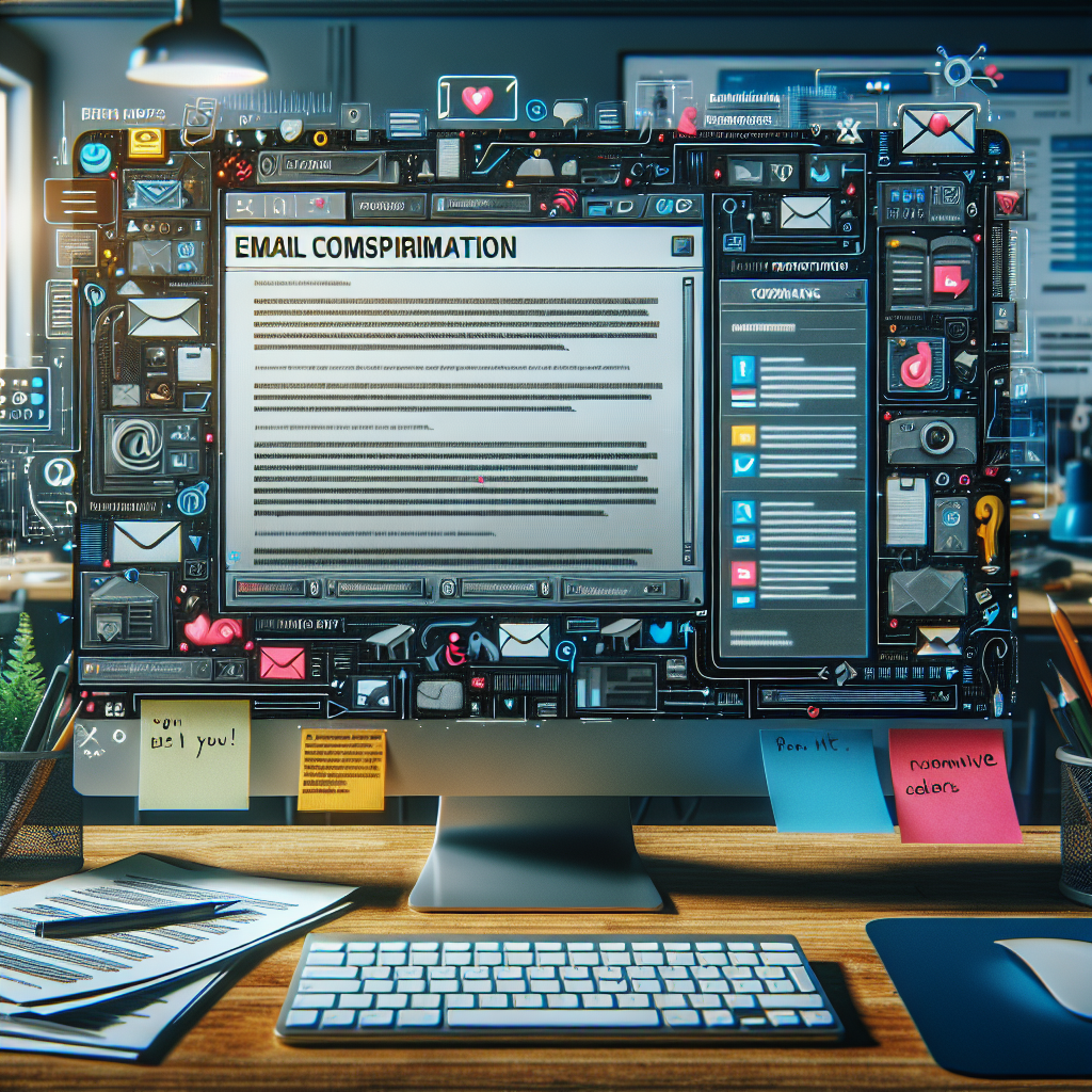 Generate an image of an email being drafted with personalized content tailored to a specific client. The email should be visually detailed with highlighted text elements and personal touches, set against a backdrop of a busy recruiter workspace with various digital tools and notes.