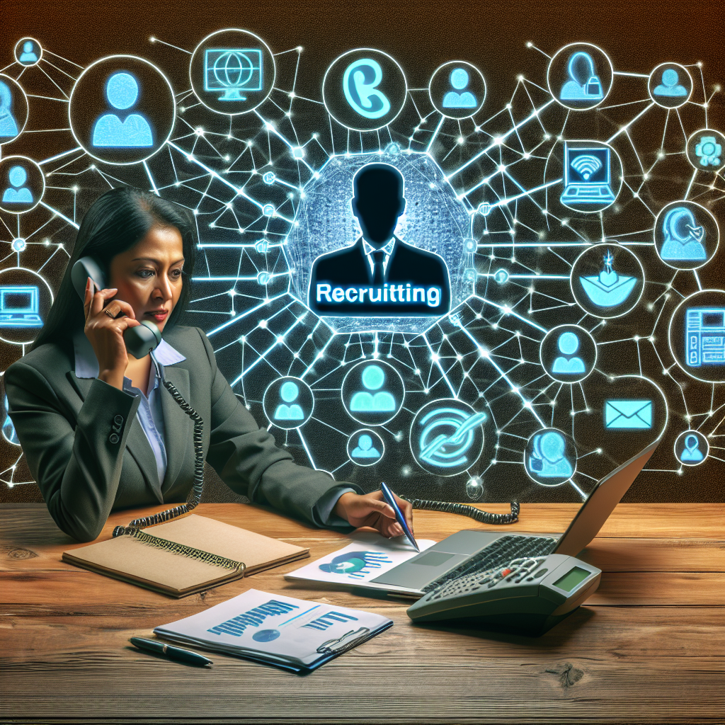 Generate an image depicting a recruiter using a combination of phone, email, social media, and other communication channels to reach out to potential clients. The image should visually represent a multi-channel approach with interconnected communication lines and icons.