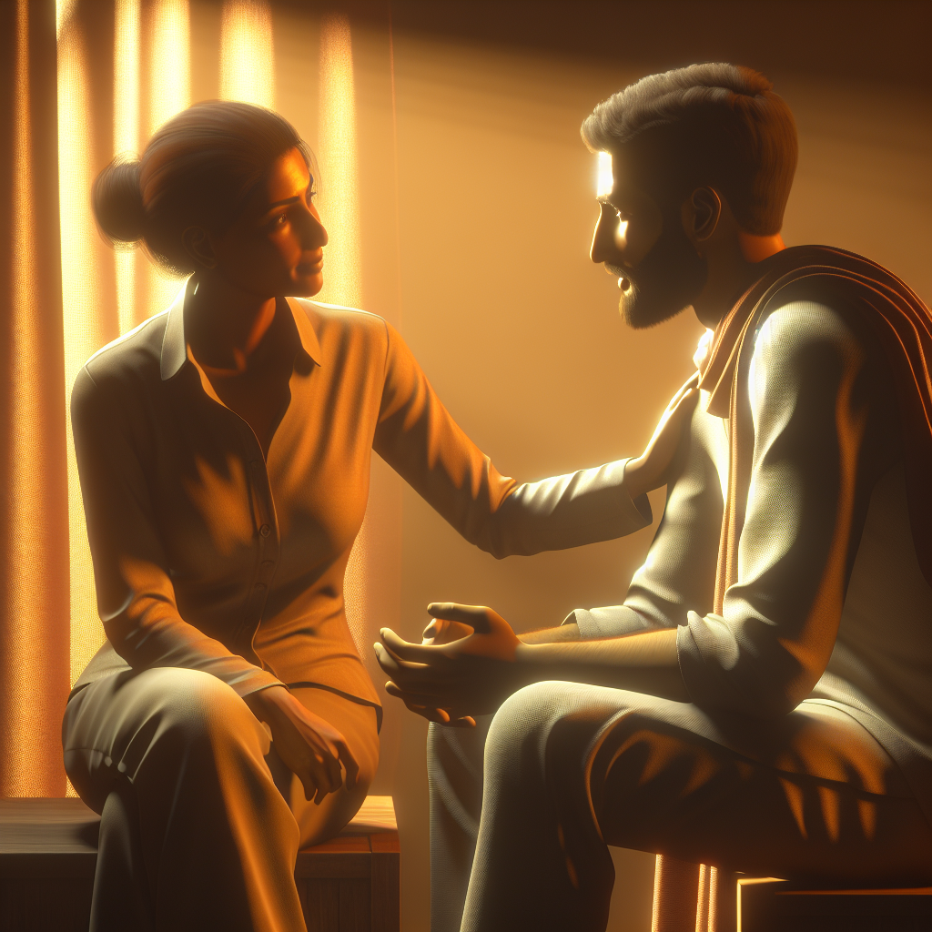 Generate an image showcasing a recruiter empathetically engaging with a potential client, focusing on emotional pain points. The setting should evoke a sense of understanding and connection, with warm lighting and supportive body language between the recruiter and client.