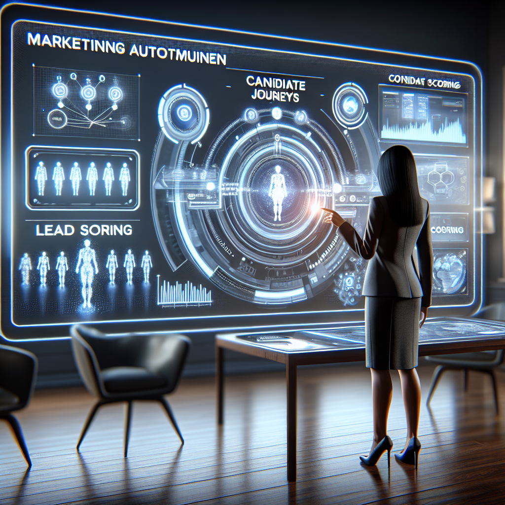 Generate an image illustrating the concept of marketing automation improving recruitment. Show a futuristic office scene where a recruiter is interacting with a high-tech dashboard displaying data on candidate journeys, personalized emails, lead scoring, and content nurturing. The atmosphere should be modern and tech-savvy with digital interfaces and holograms.