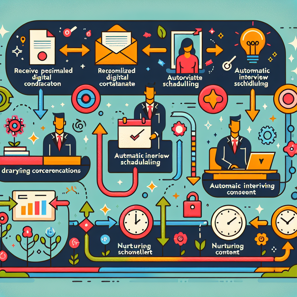 Generate an image depicting a seamless candidate journey in the recruitment process. Show a flowchart-like visualization where a candidate moves through different stages such as receiving personalized emails, automatic interview scheduling, and nurturing content. Use a colorful and infographic style to make the journey easy to understand.