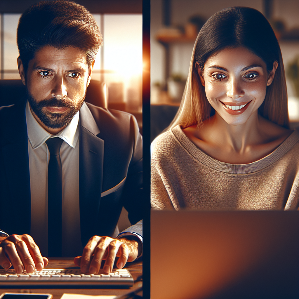 Generate an image of a recruiter using personalized marketing emails to attract top talent. Show a split screen with one side displaying a recruiter crafting a personalized email and the other side showing a candidate receiving and reacting positively to the email. The style should be realistic and engaging, highlighting the direct connection between the recruiter and the candidate.