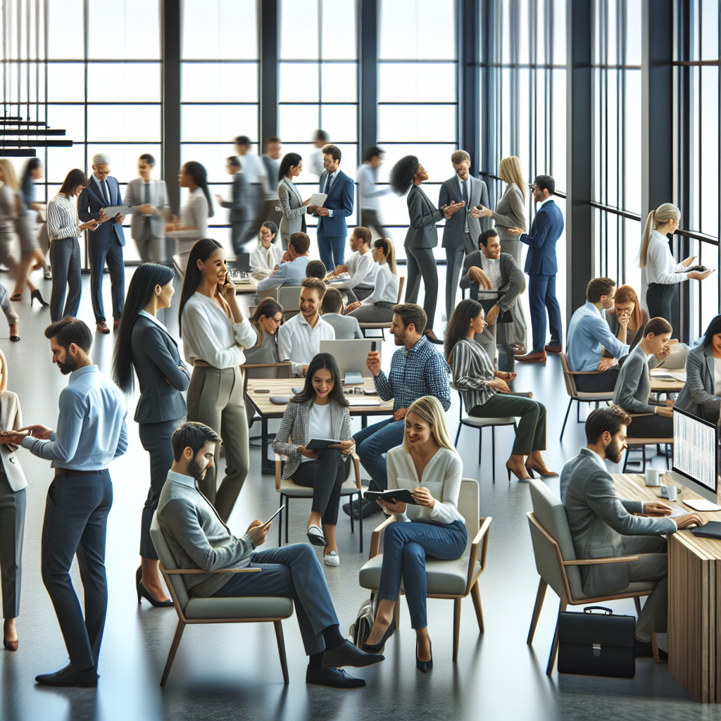 Generate an image showing a modern corporate office environment where colleagues are enthusiastically referring candidates to each other, with some using digital devices. The atmosphere should be vibrant and collaborative.