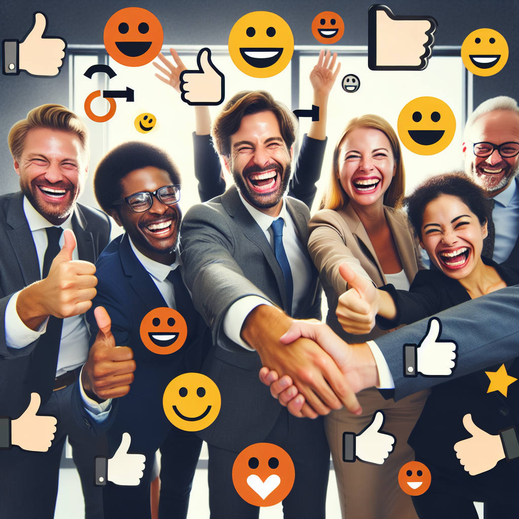 Generate an image depicting a successful business team celebrating in an office setting. They are surrounded by symbols of trust and strong company culture, such as handshake icons, thumbs up, and smiling faces, representing the impact of referral marketing.