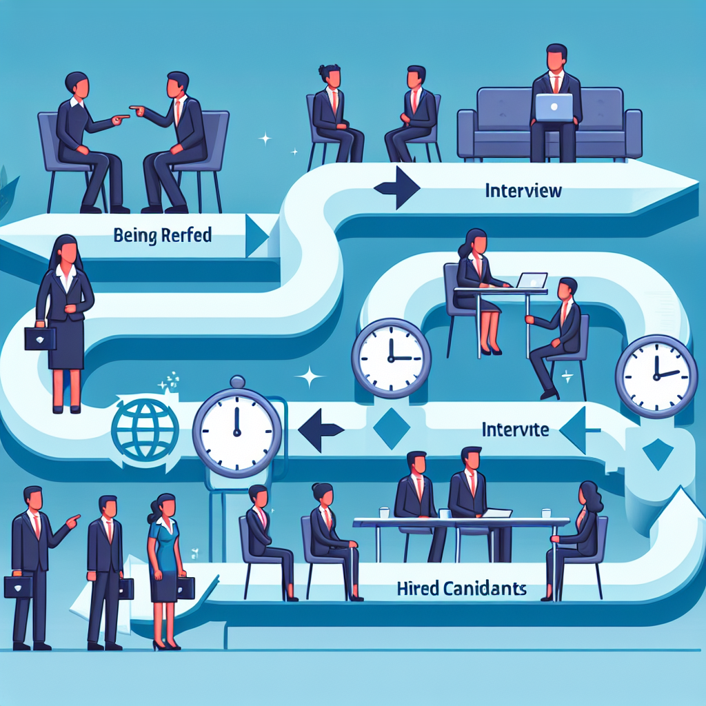 Generate an image portraying a seamless recruitment process pipeline. Show candidates being referred, interviewed, and hired quickly. Use visual cues like arrows, timing charts, and happy employees to emphasize efficiency and retention benefits.
