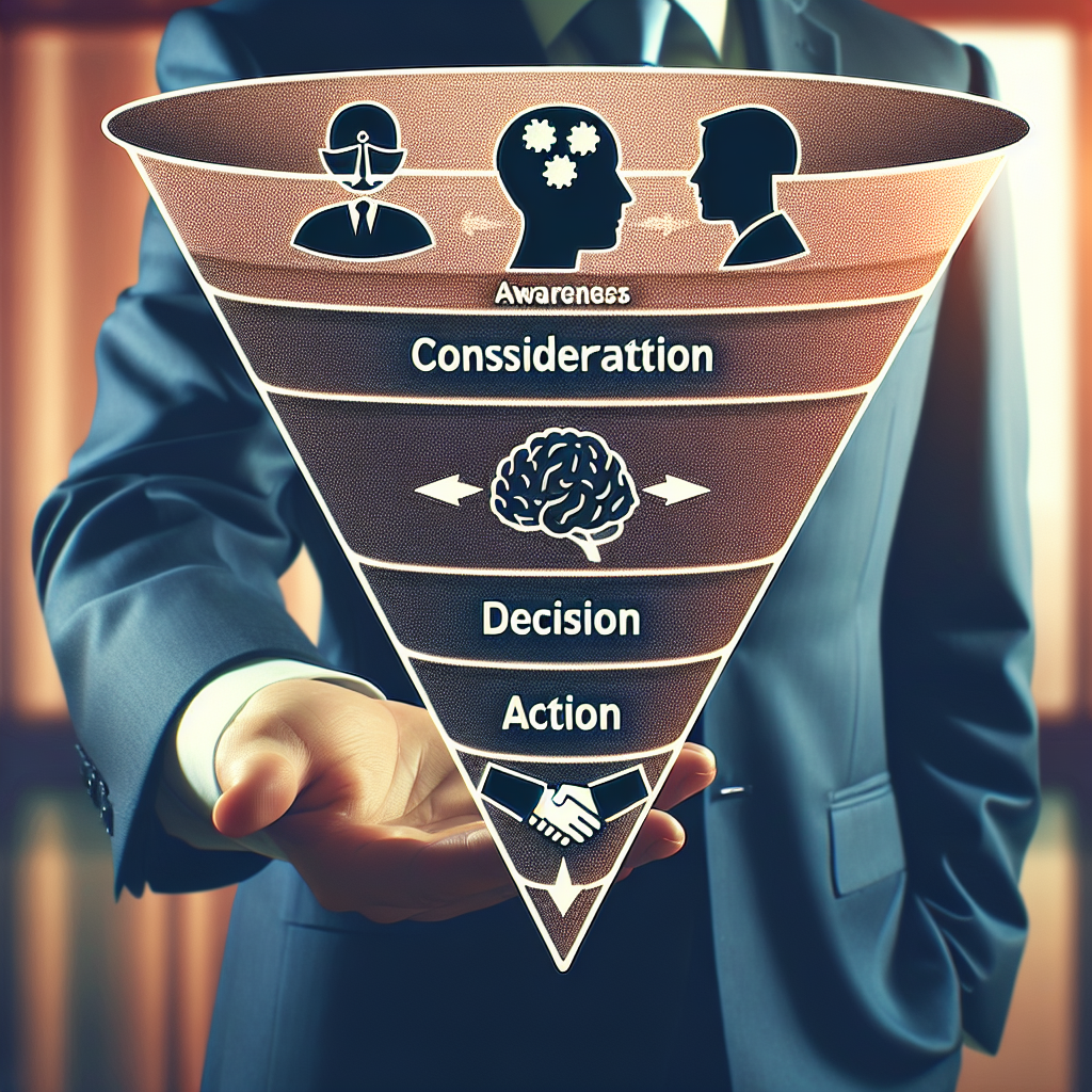 Generate an image of a well-structured sales funnel with labeled stages: 'Awareness,' 'Consideration,' 'Decision,' and 'Action,' for recruitment services. The funnel should be visually appealing with icons representing each stage, and a professional setting in the background.
