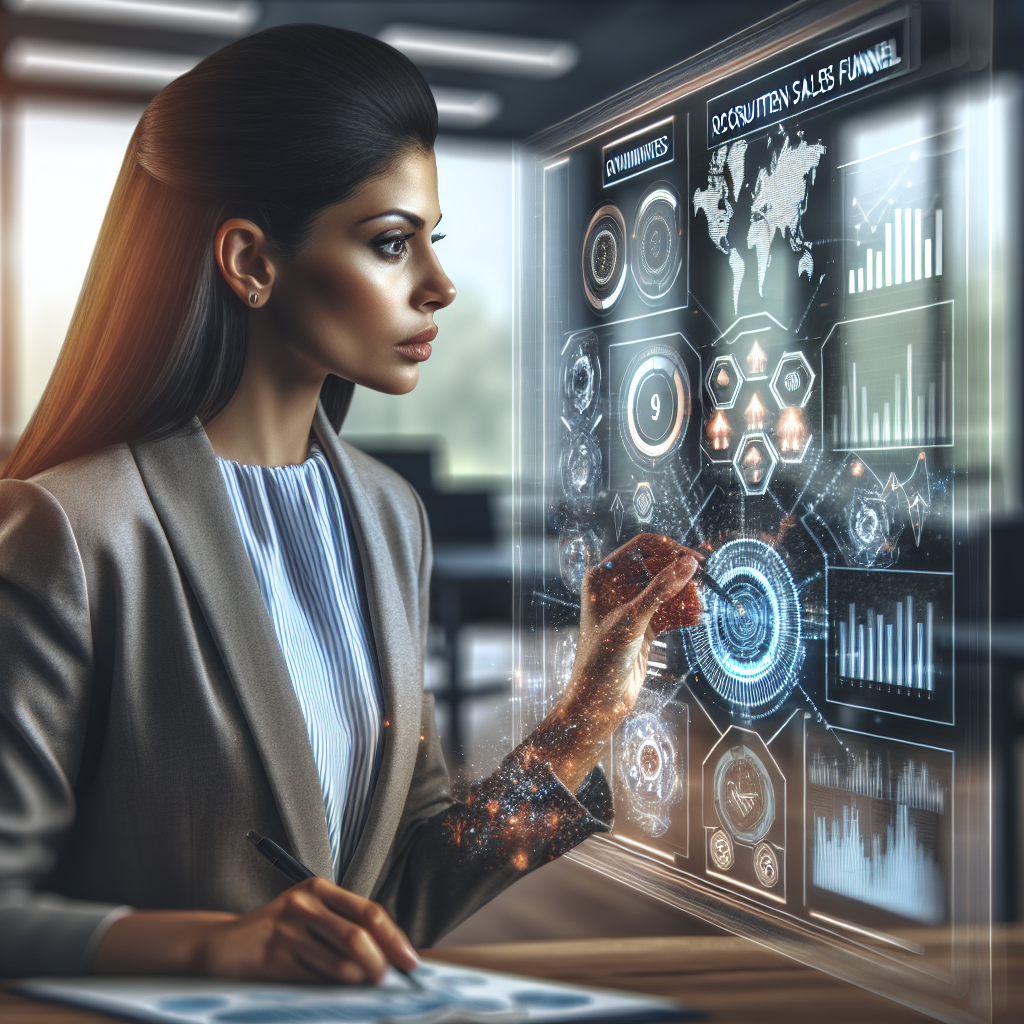 Generate an image of a business professional analyzing data and charts on a large screen. The charts should reflect metrics and KPIs related to optimizing a recruitment sales funnel. The setting should be a modern office with a collaborative atmosphere.