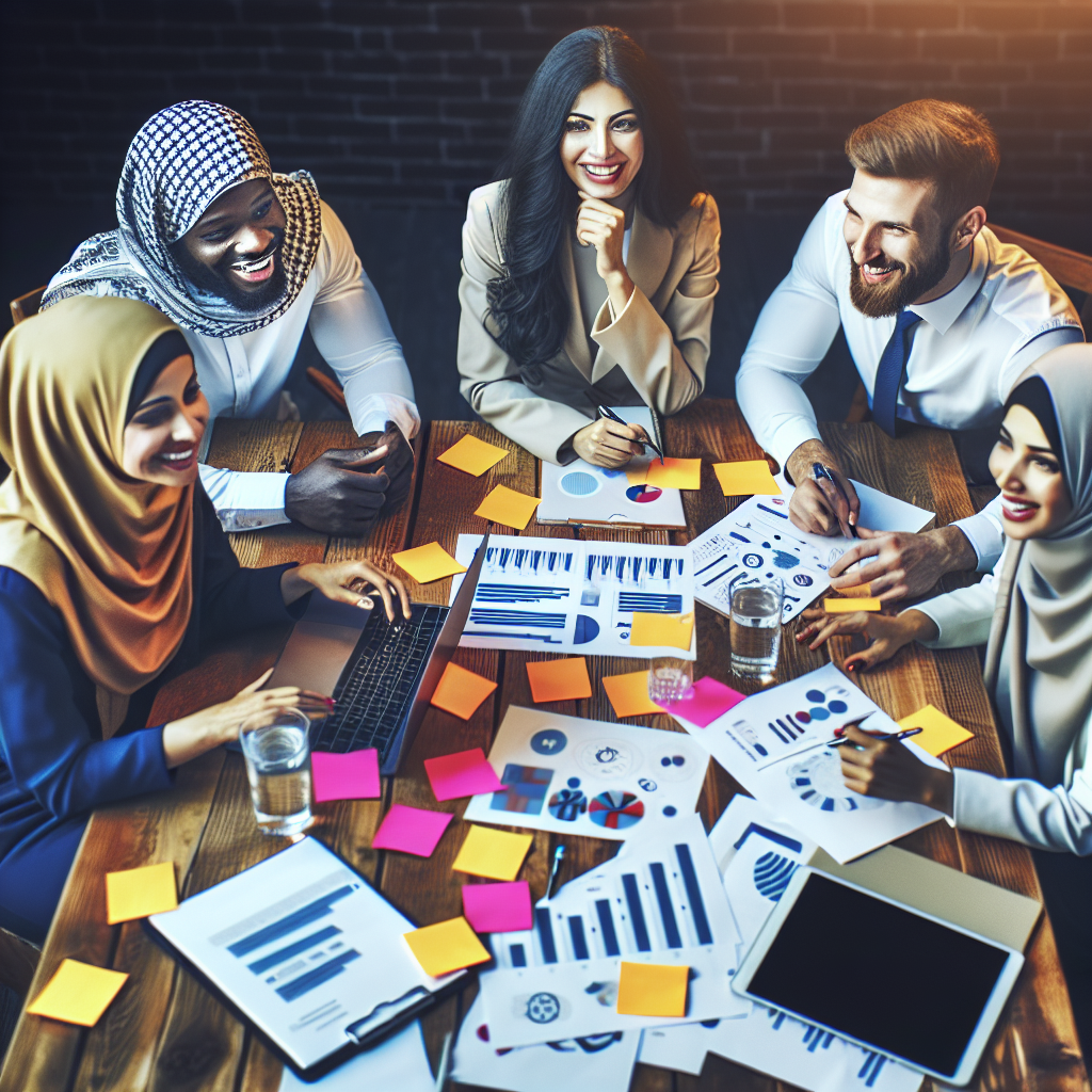 Generate an image of a diverse team brainstorming around a table, filled with sticky notes, laptops, and documents. The team should be engaged in strategizing ways to improve the recruitment sales funnel. The scene should be dynamic and energetic, showcasing teamwork.