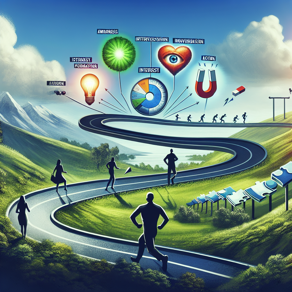 Generate an image of a road map leading towards a successful recruitment campaign. The road map should have milestones labeled with 'Awareness,' 'Interest,' 'Decision,' and 'Action' stages, with visual elements representing progress and goals achieved. The style should be creative and inspirational.