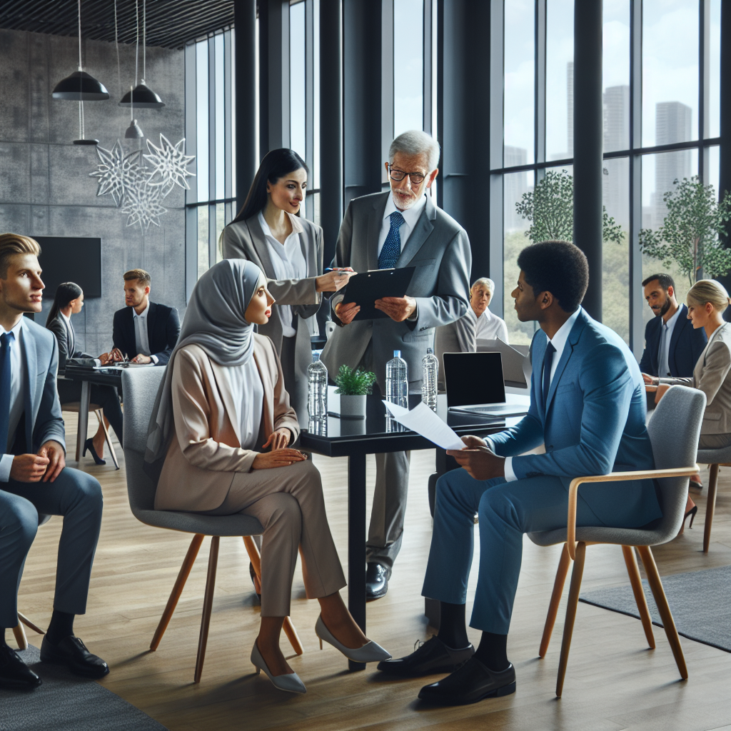 Generate an image of a diverse group of personas representing different demographics within the recruitment process, showcasing a variety of ages, genders, and professional backgrounds, all engaging interactively in a vibrant and modern office setting.