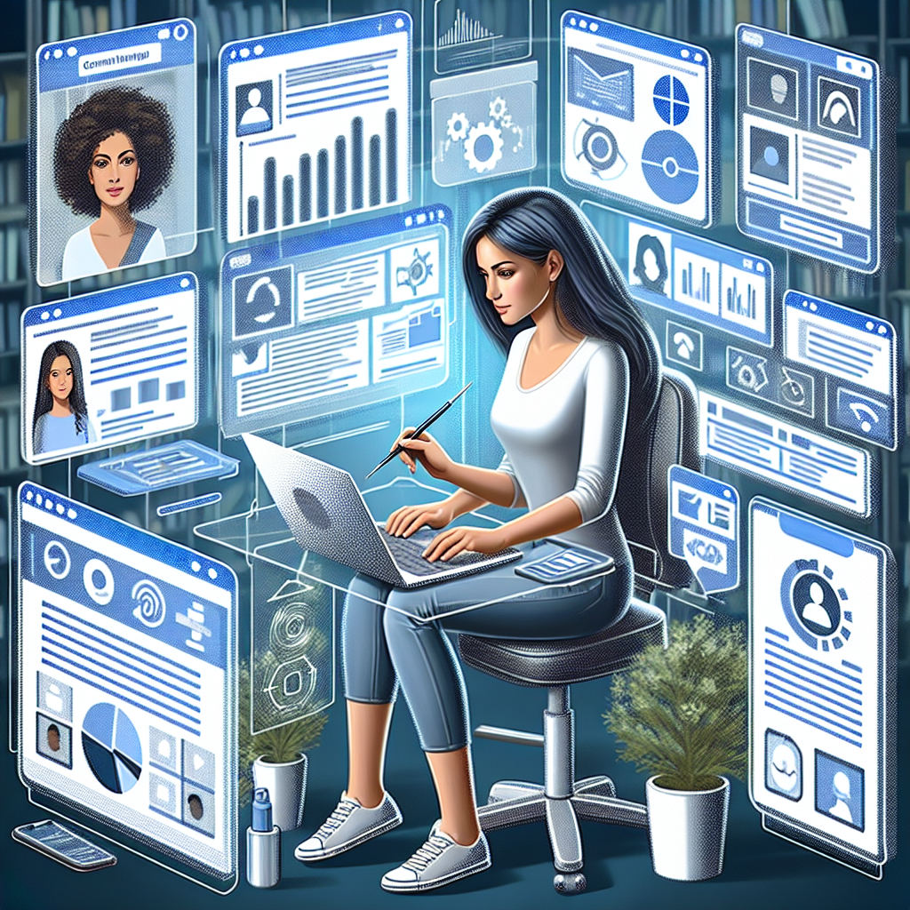 Generate an image of a content strategist analyzing data and creating personalized content plans on multiple digital devices, surrounded by charts, graphs, and target audience profiles, in a sleek, high-tech environment.