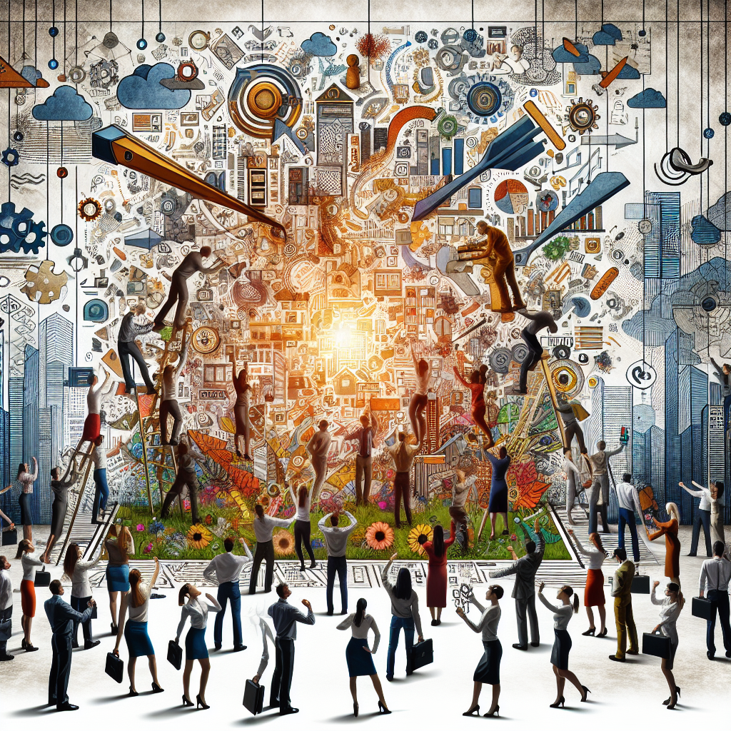 Generate an image of a strong employer brand being built, symbolized by construction elements and teamwork, with diverse candidates and employees collaborating to form a dynamic and appealing company logo, set against a backdrop of a thriving business ecosystem.