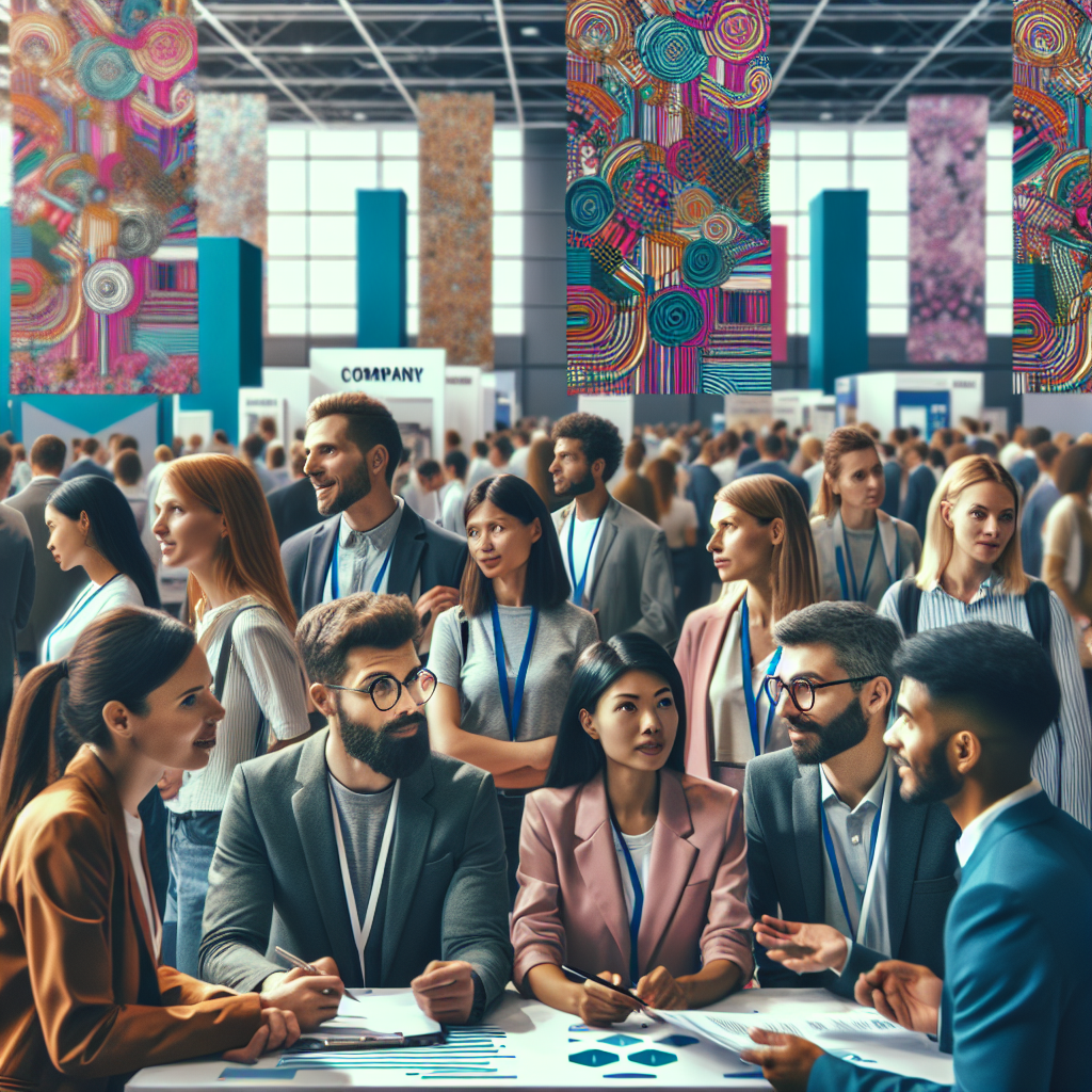 Generate an image of a bustling recruitment fair. Highlight a company stand with eye-catching banners and a professional team engaging eagerly with potential leads. Add a background featuring other stands and visitors to show a lively environment.