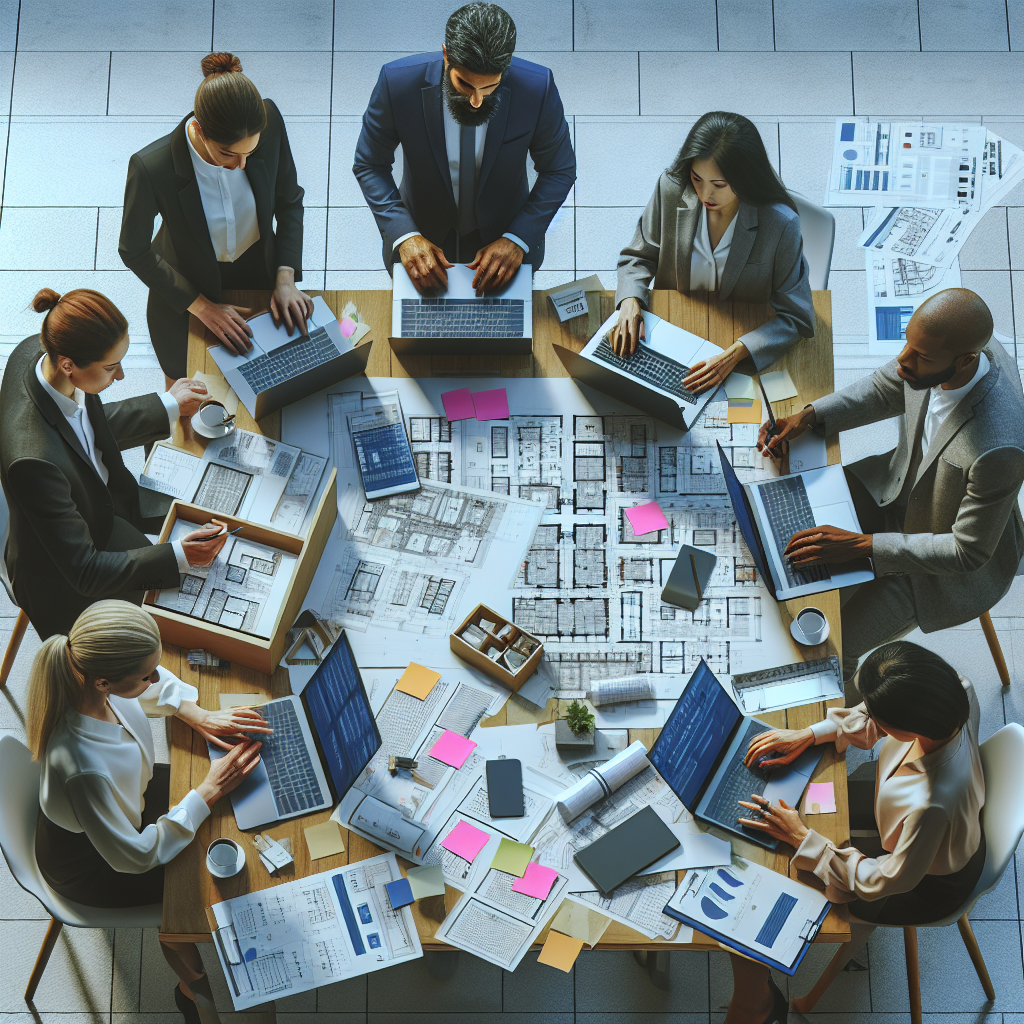 Generate an image of a meticulous preparation scene for a recruitment event. Show a team planning with laptops and blueprints, surrounded by promotional materials and stand mock-ups. Include elements such as sticky notes and checklists to emphasize the preparation.