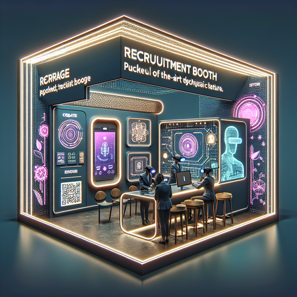 Generate an image of a modern recruitment booth utilizing advanced technology. Illustrate features like interactive touchscreens, QR codes for easy information access, and a virtual reality experience. The booth should appear innovative and inviting under bright, sleek lighting.