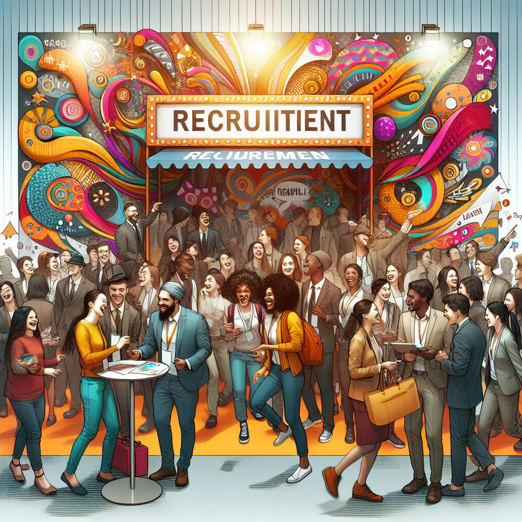 Generate an image of an engaging offer at a recruitment event. Depict a stand where attendees are crowding to receive exclusive deals, branded merchandise, and engaging in interactive activities. Feature enthusiastic expressions and dynamic interactions to convey excitement.