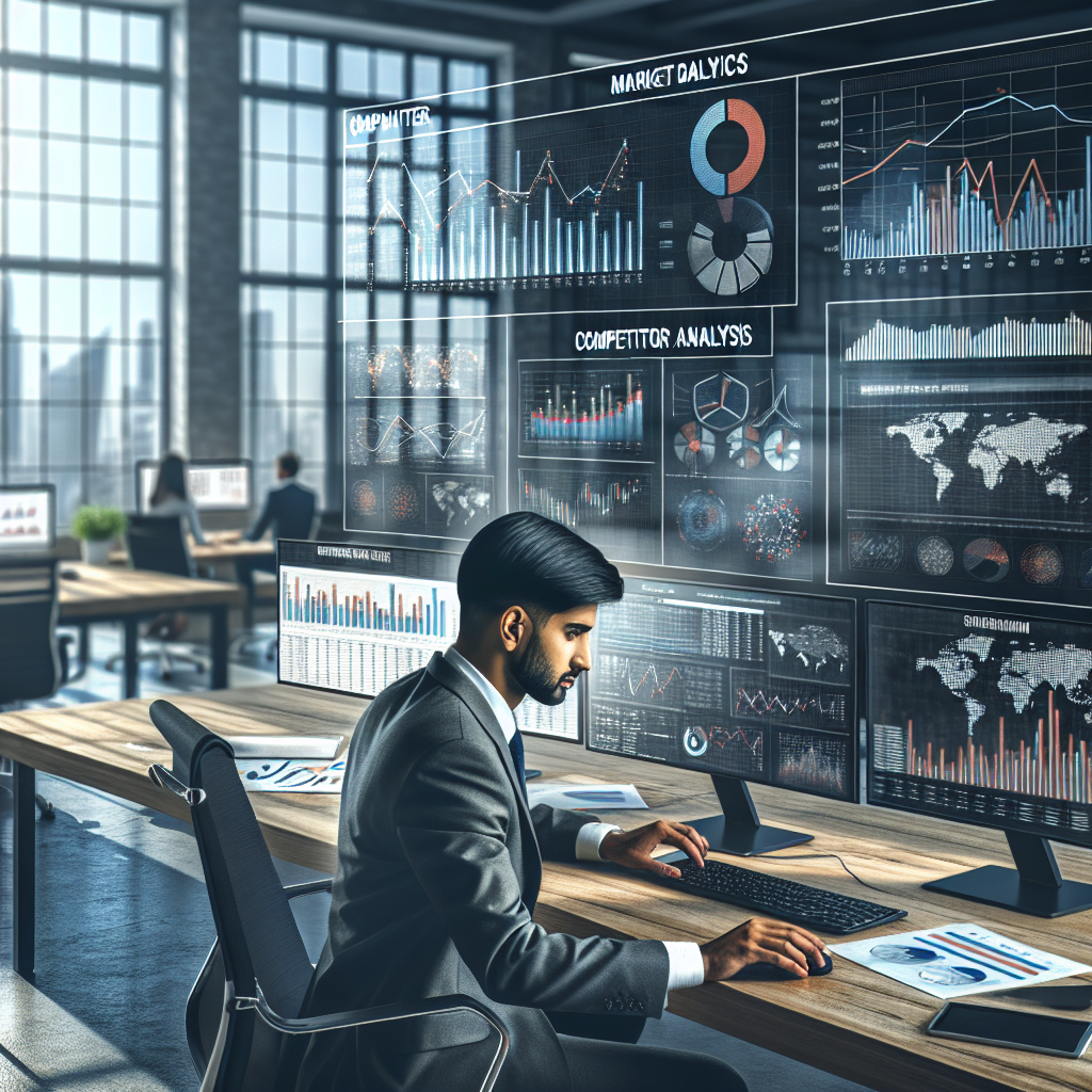 Generate an image of a business professional analyzing market data on multiple screens, showcasing charts, graphs, and competitor analysis reports. The environment should reflect a modern, tech-savvy office space with a focus on detailed analytics.