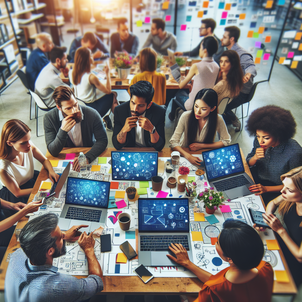 Generate an image of a creative team brainstorming unique value propositions for a software product. The setting should be a vibrant, collaborative workspace with sticky notes, diagrams, and laptops around. The mood should be innovative and energetic.