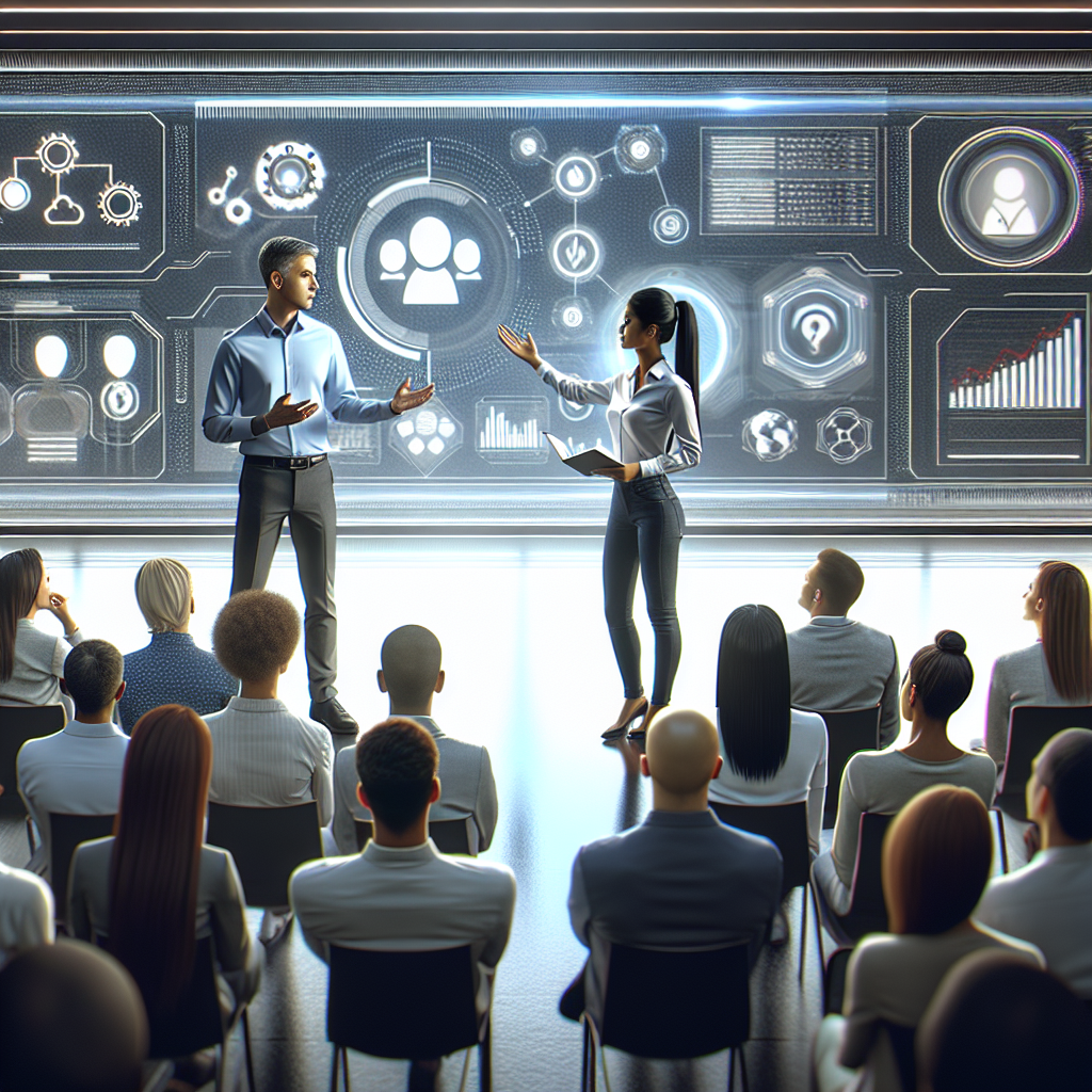 Generate an image of a software product with specialized functionalities being demonstrated to targeted customers. The scene should depict a sleek, futuristic tech presentation with focused individuals showcasing the product's features to an engaged audience.