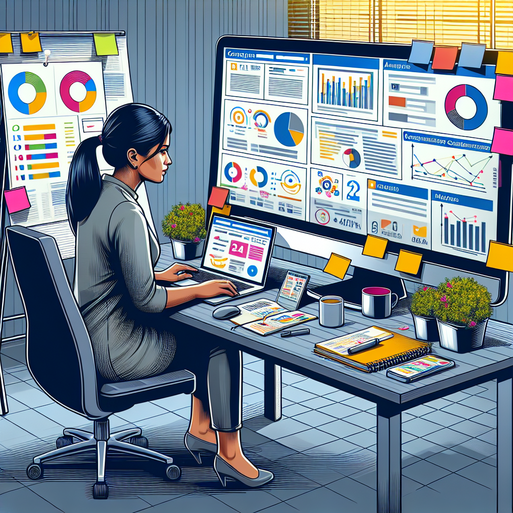Generate an image of a marketer crafting a targeted campaign for a niche market. The setting should include digital marketing tools on the screen, promotional materials, and a clear strategy board. The overall feel should be dynamic and strategic.