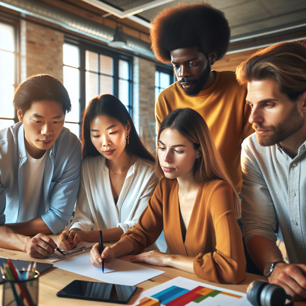 Generate an image of a modern office environment showcasing a diverse team collaborating and discussing ideas, with an engaging video camera capturing the lively atmosphere. The scene should be bright and welcoming, highlighting the company's positive culture.