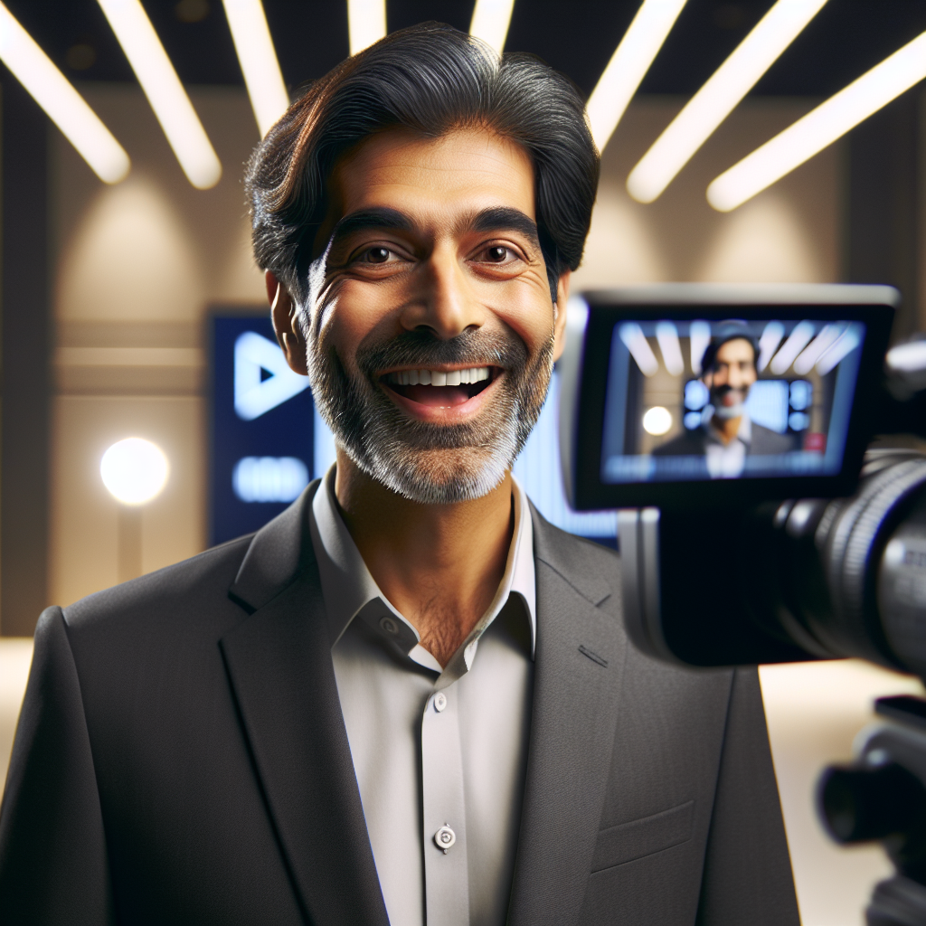 Generate an image of an employee giving a testimonial on camera in an elegant, well-lit studio. The background should feature soft corporate branding elements, emphasizing sincerity and enthusiasm in sharing their positive experiences with the recruitment agency.