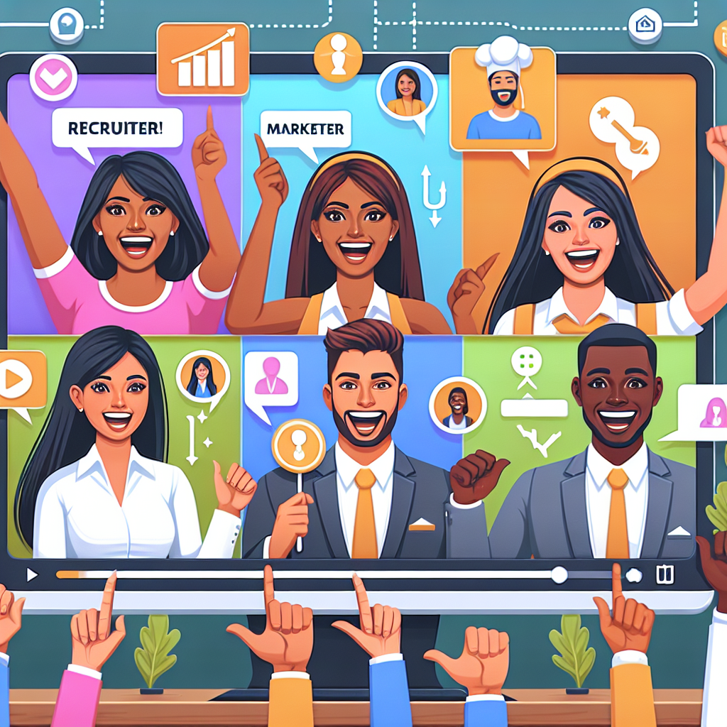 Generate an image of a dynamic and interactive video presentation introducing various job positions in the recruitment agency. The composition should include vibrant visual elements like animated icons, text overlays, and excited team members demonstrating their roles creatively.