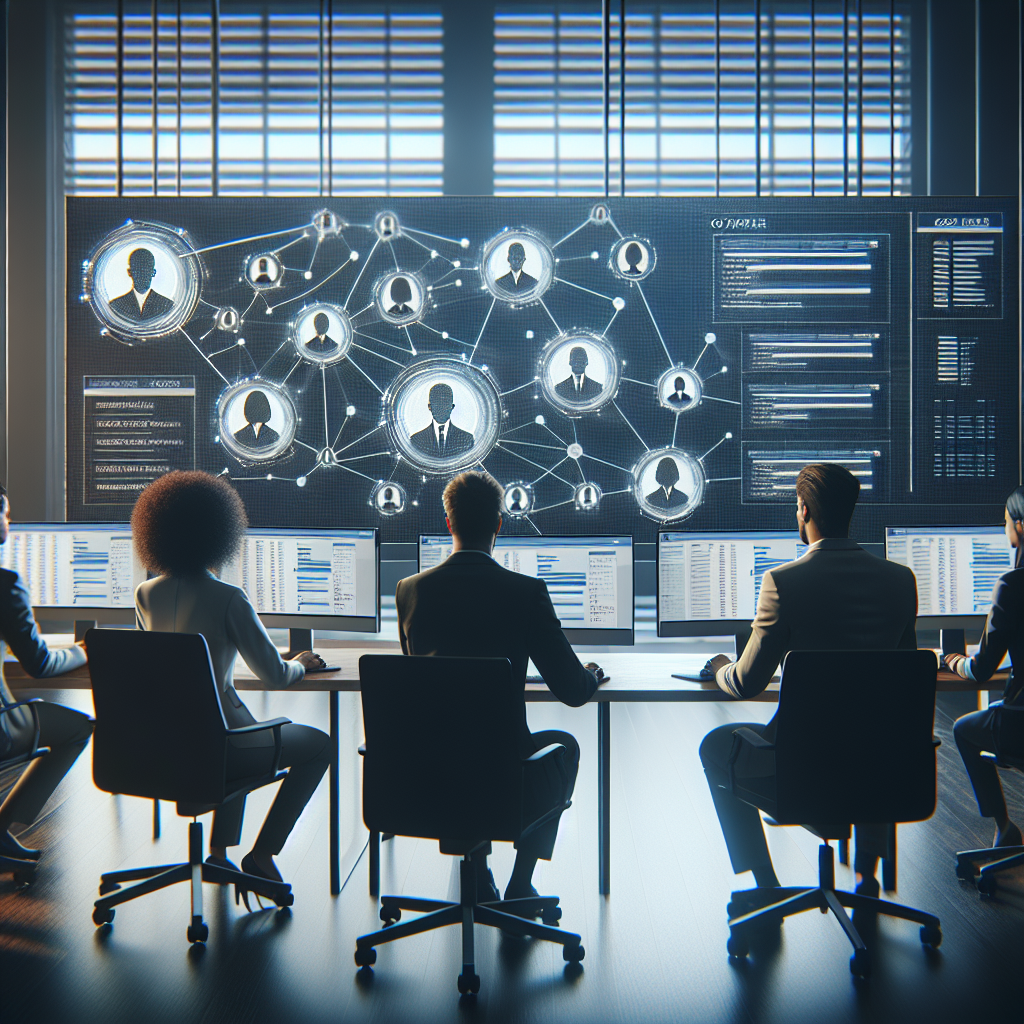 Generate an image of a modern office setting with recruiters working on computers. Display screens showing CRM software with interconnected candidate profiles. Use a professional and sleek style, emphasizing connectivity and efficiency.