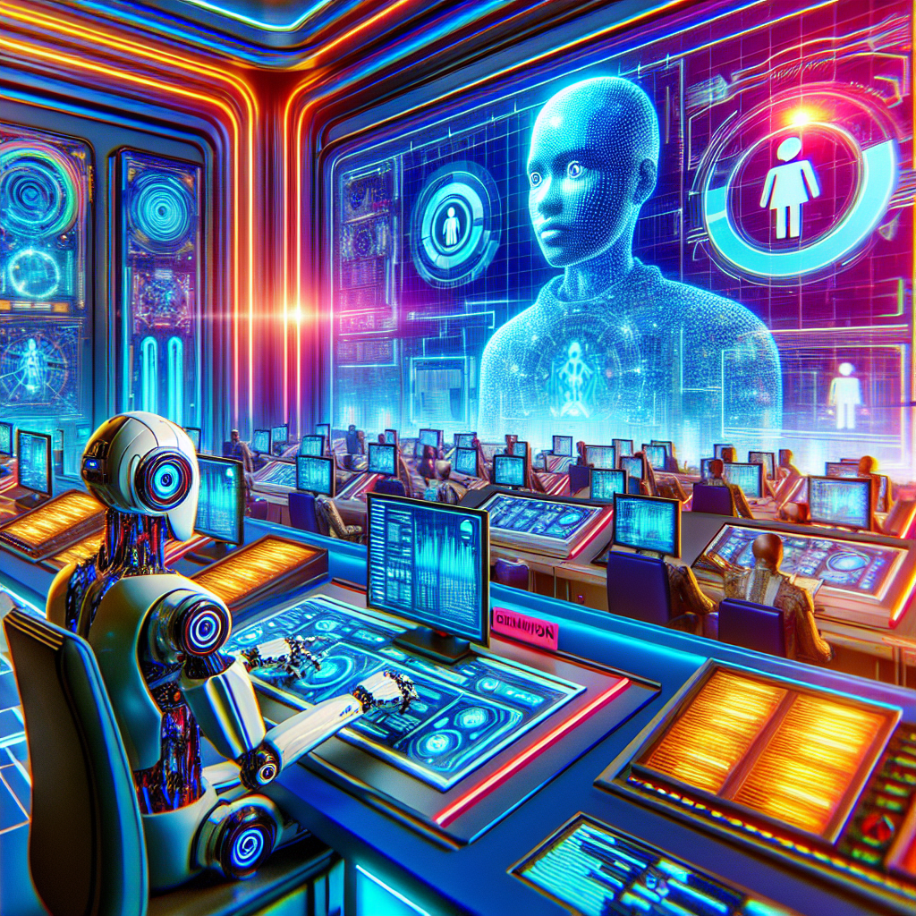 Generate an image of a futuristic AI-driven recruitment process. Display an AI robot analyzing candidate data and making hiring decisions in a high-tech control room. Use a sci-fi style with vibrant colors and advanced technology elements.