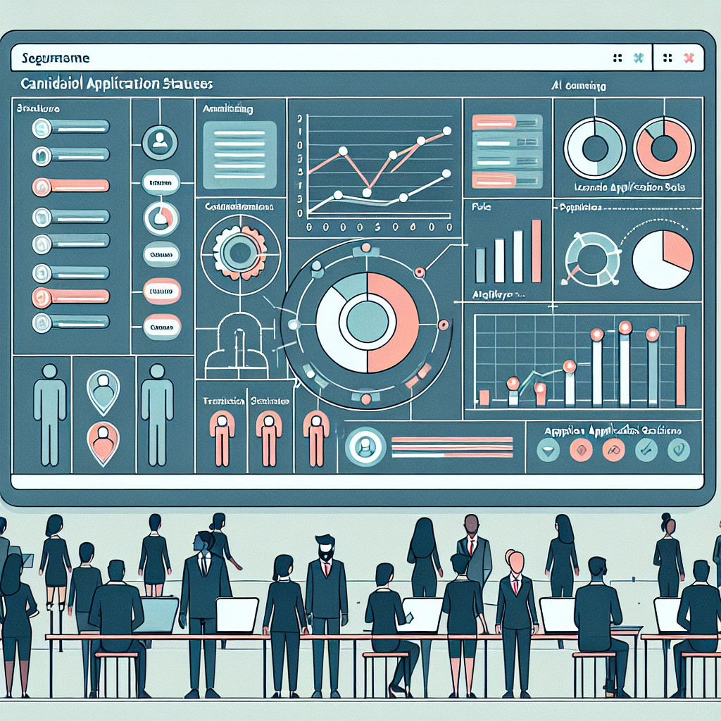 Generate an image of an ATS (Applicant Tracking System) interface being used by recruiters. Show a dashboard with candidate application statuses and analytics. Use a clean and minimalistic style, focusing on usability and organization.