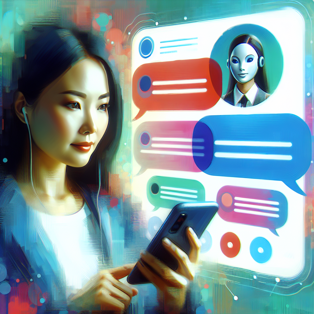 Generate an image of a recruiter using a chatbot to communicate with potential candidates on a mobile device. Display chat bubbles with automated responses and candidate questions. Use a contemporary style with a focus on interactivity and convenience.