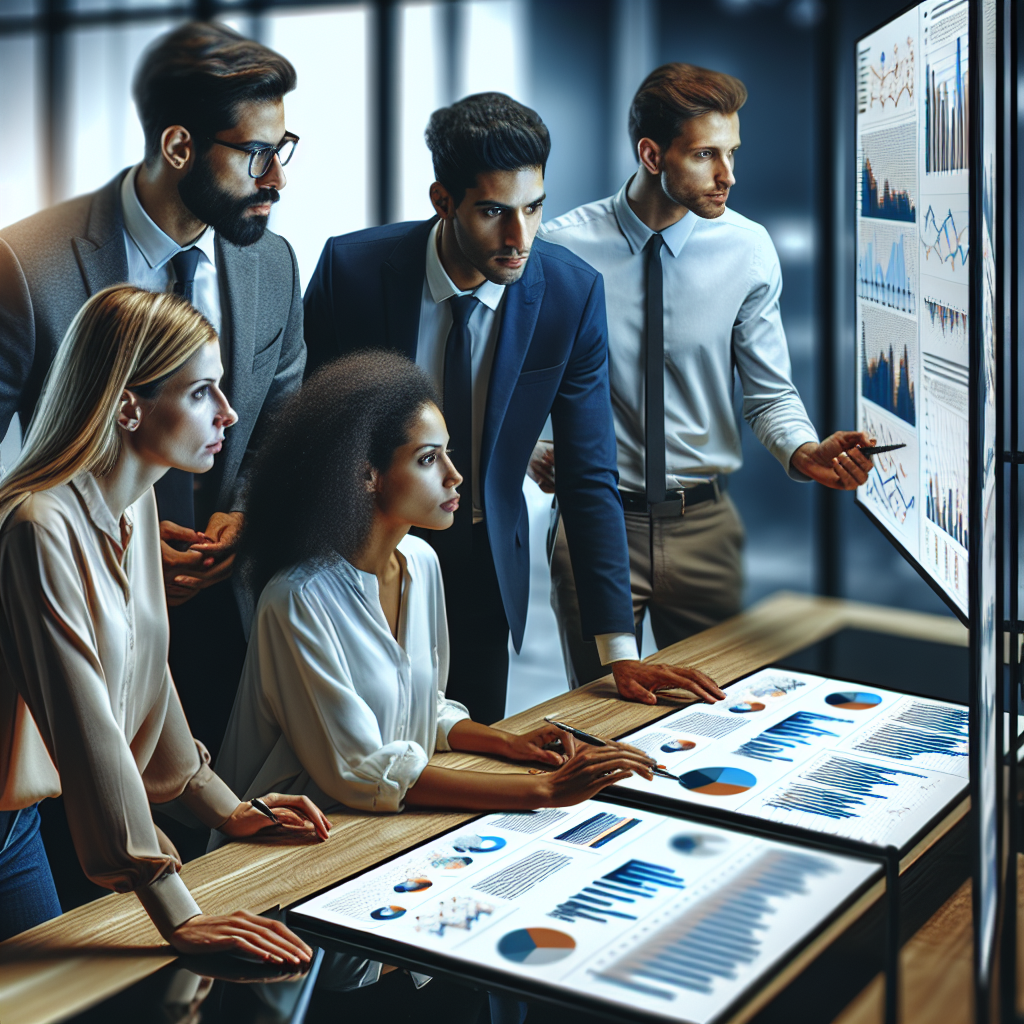 Generate an image of a diverse team of recruiters in a modern office setting, closely analyzing customer feedback data on large screens. The atmosphere is collaborative with charts and graphs highlighting key insights.