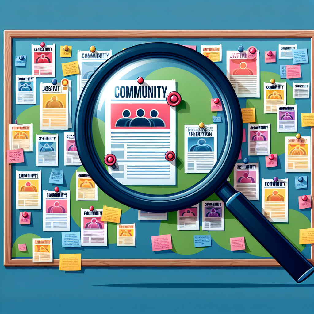 Generate an image of a magnifying glass focusing on a job advertisement bulletin board. Each job ad has notes and feedback comments pinned around, depicting the optimization process based on customer feedback.