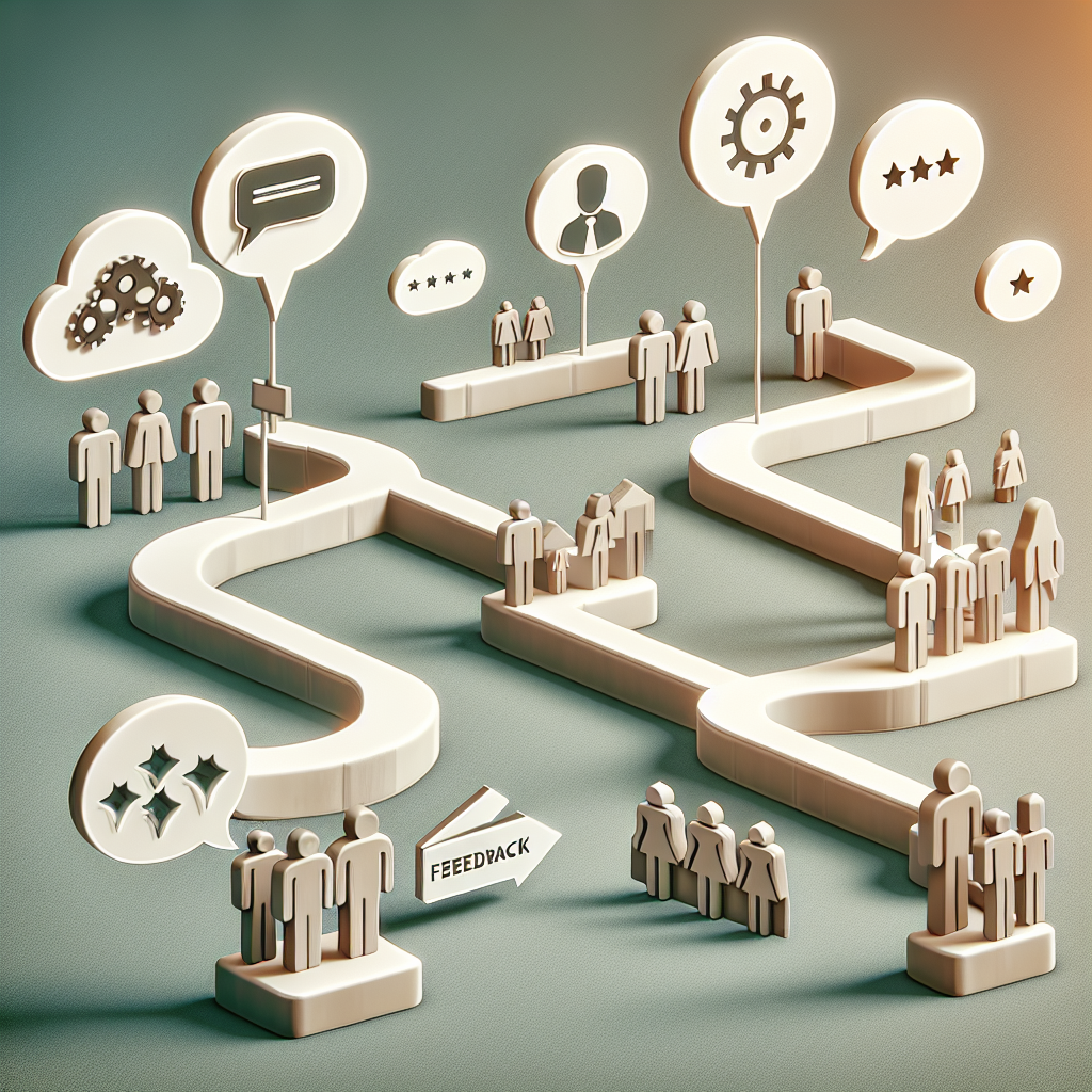 Generate an image of a seamless communication bridge made of speech bubbles and feedback forms connecting job seekers with a recruitment agency. The image should show how feedback strengthens the connection and enhances communication.
