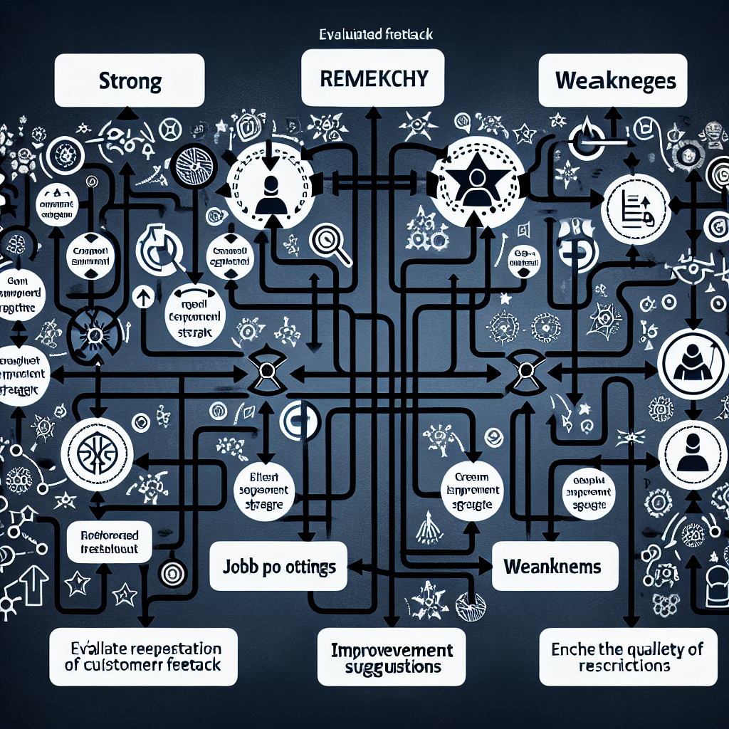 Generate an image of a dynamic flowchart illustrating strong and weak points in a recruitment strategy. The flowchart branches out from analyzed customer feedback, showing paths for improving job postings and recruitment approaches.