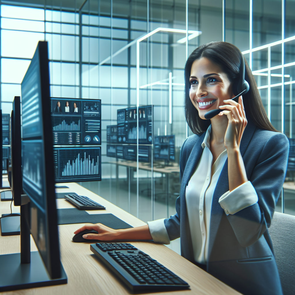 Generate an image of a professional recruiter in an office setting, making cold calls to potential candidates. The office is modern with glass walls and the recruiter is surrounded by data charts and analytics on computer screens. The atmosphere is professional and focused.