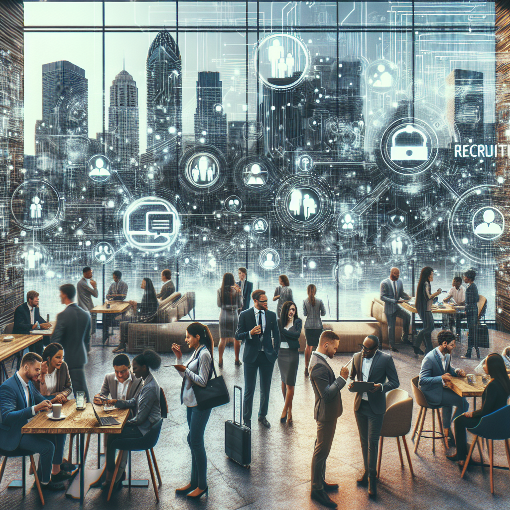 Generate an image of a busy cityscape with recruiters strategically identifying and approaching potential job candidates. The image has a dynamic and energetic feel, showing recruiters interacting with diverse individuals in various professional environments like cafes, co-working spaces, and networking events.