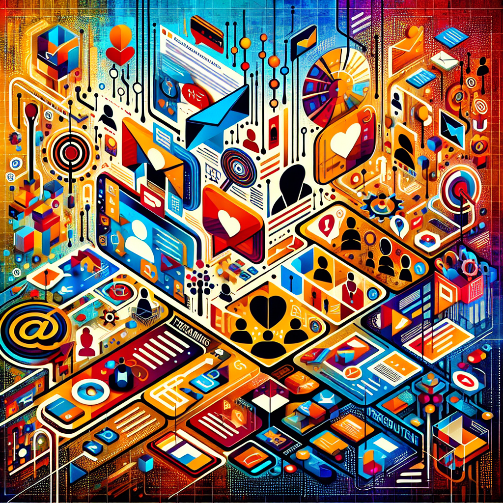Generate an image of a targeted marketing campaign for recruitment, with personalized emails and messages being sent out to candidates. The background includes vibrant digital elements like email templates, candidate profiles, and personalized messages, creating a visually engaging collage of recruitment outreach.